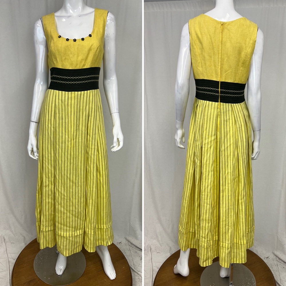 Women's Vintage Perry Landhaus Yellow Linen Striped Pleated Long Dirndl Dress M